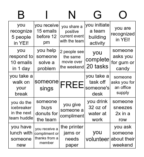 CARD SERVICES BINGO Card