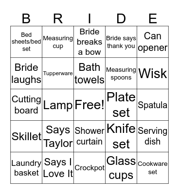 Cheyenne's Bridal Shower Bingo Card