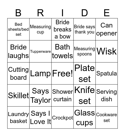 Cheyenne's Bridal Shower Bingo Card