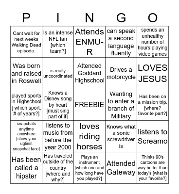 PINGO Bingo Card