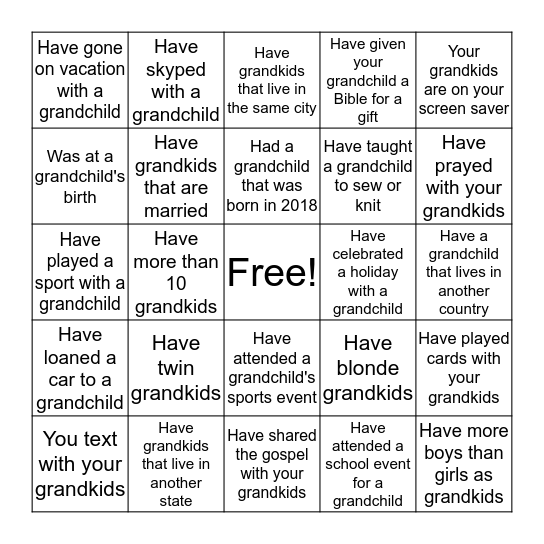Intentional Grandparenting Bingo Card