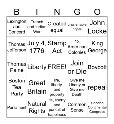 Delcartion of Independence  Bingo Card