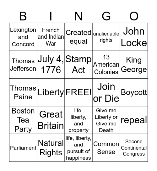 Delcartion of Independence  Bingo Card