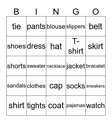 Clothes Bingo Card
