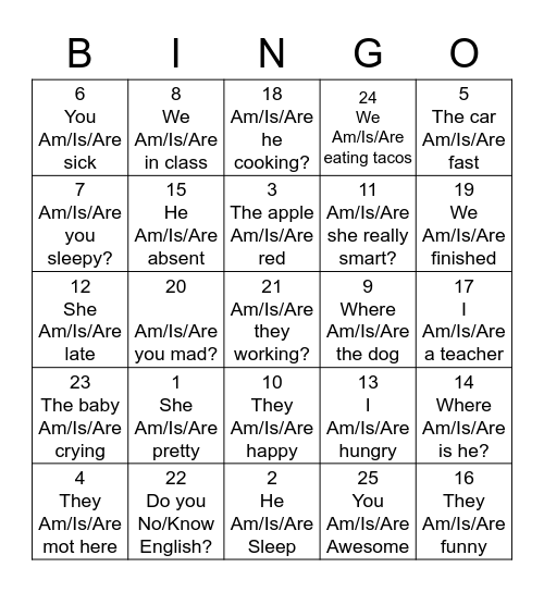 Am, Are, and Is BINGO Card