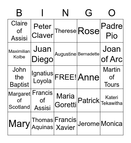 Saints Bingo Card