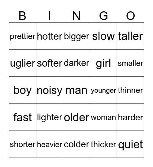 Adjectives Bingo Card