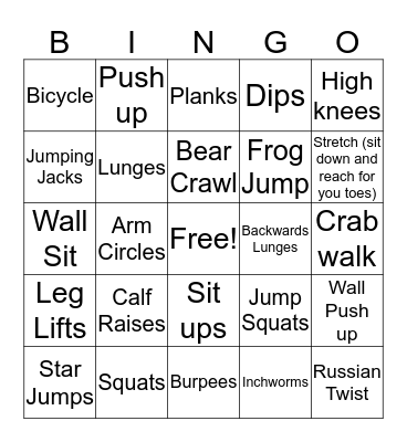 Fitness Bingo 1 Minute Bingo Card