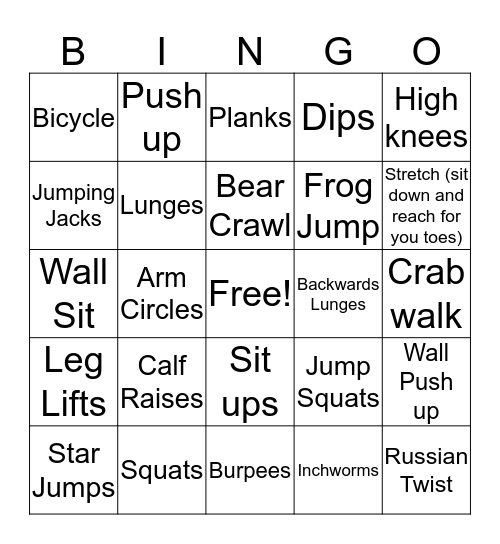 Fitness Bingo 1 Minute Bingo Card