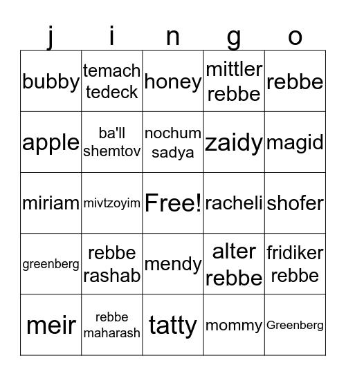 rebbe or yomim tovim Bingo Card