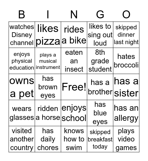 Social/Personal Class Bingo Card