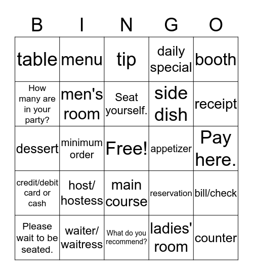 Restaurant Bingo Card