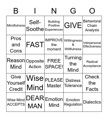 DBT Skills Bingo! Bingo Card