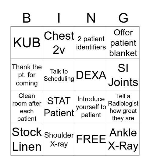 Imaging Tech Week Bingo Card