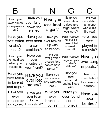Have you ever  Bingo Card