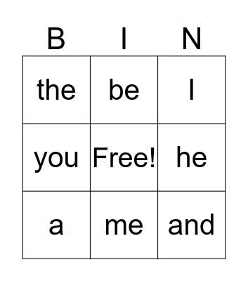 Sight Words List 1 Bingo Card