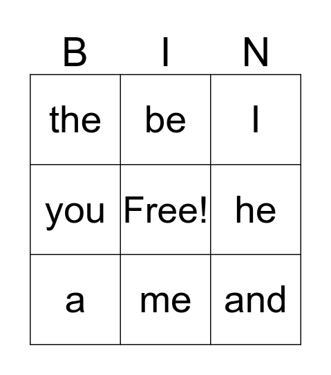 Sight Words List 1 Bingo Card