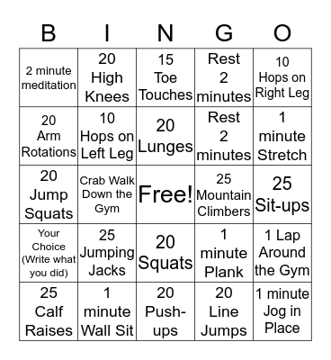 Fitness Bingo Card