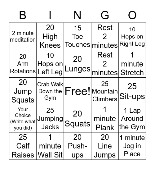 Fitness Bingo Card