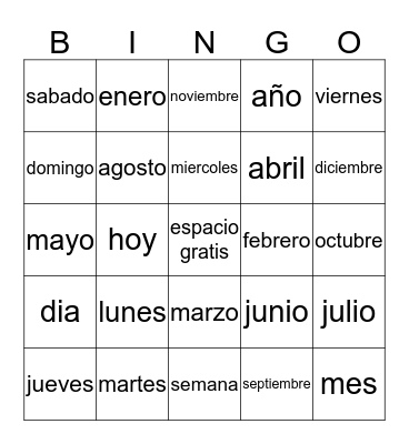 los meses y los dias Bingo Card