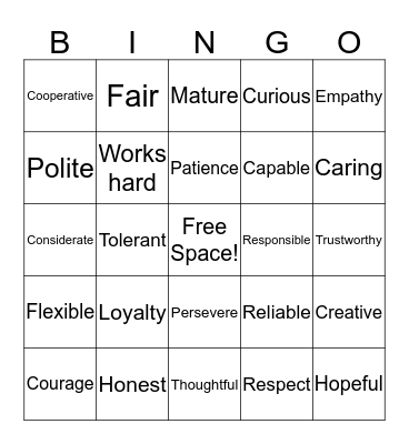 Character Traits Bingo Card