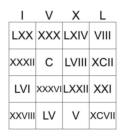 ROMAN NUMERAL BINGO Card