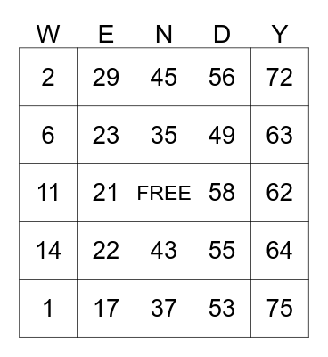 WENDY CITY BINGO Card