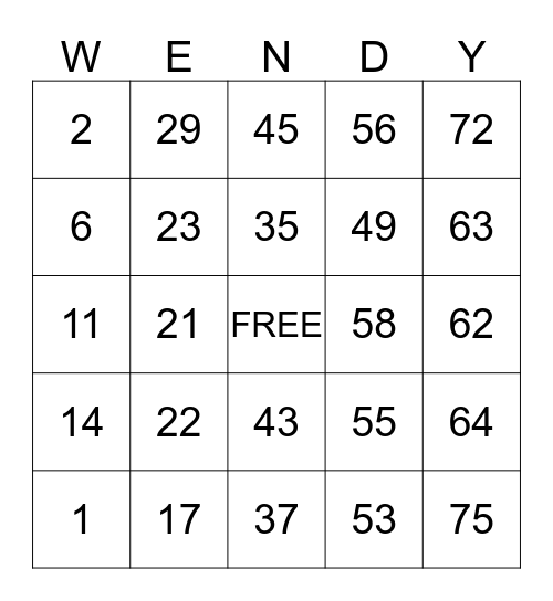 WENDY CITY BINGO Card