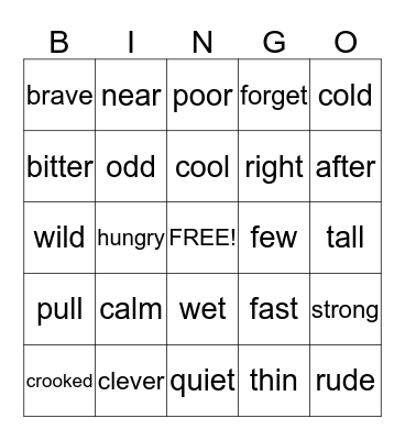 Antonym/Synonym Bingo Card