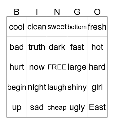 Antonym/Synonym BINGO Card