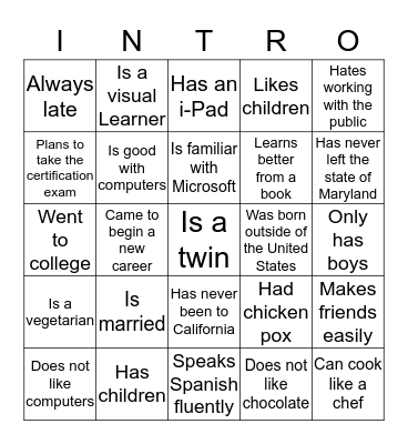 Getting to Know You Bingo Card