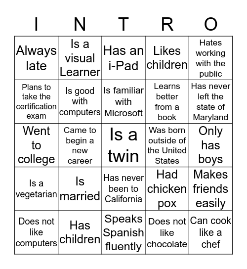 Getting to Know You Bingo Card