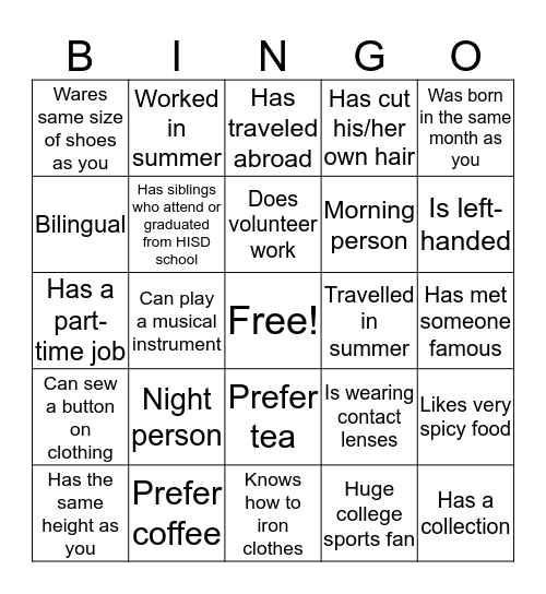 Say "Hi"! Bingo Card