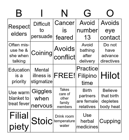 Filipino Health Attitudes and Health Practices Bingo Card