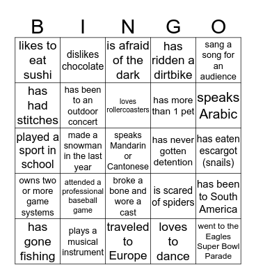 Getting to Know You Bingo Card