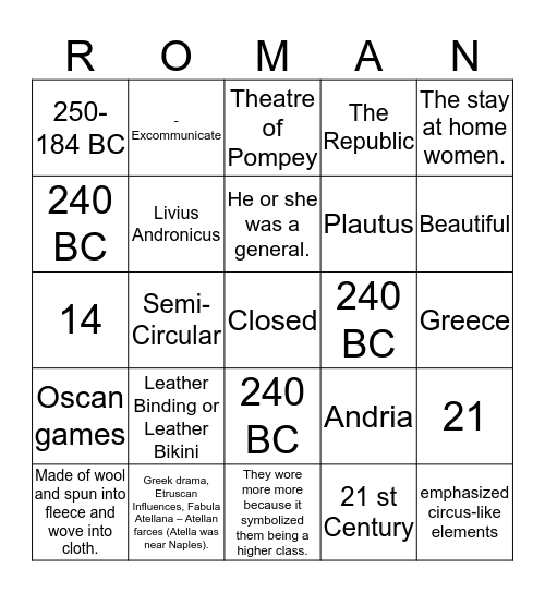 Roman Theatre BINGO Card