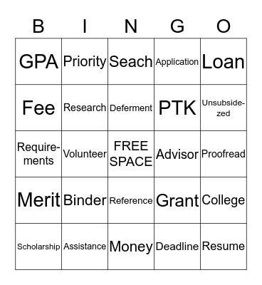 Scholarship Bingo Card