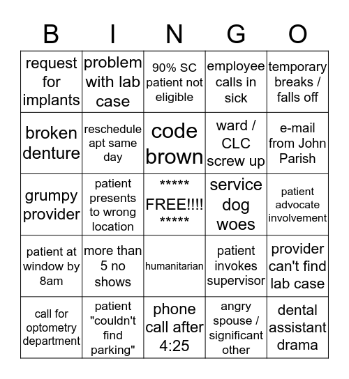 VA Dental Bingo Card