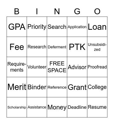Scholarship Bingo Card