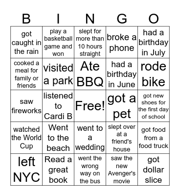 Summer Bingo Card