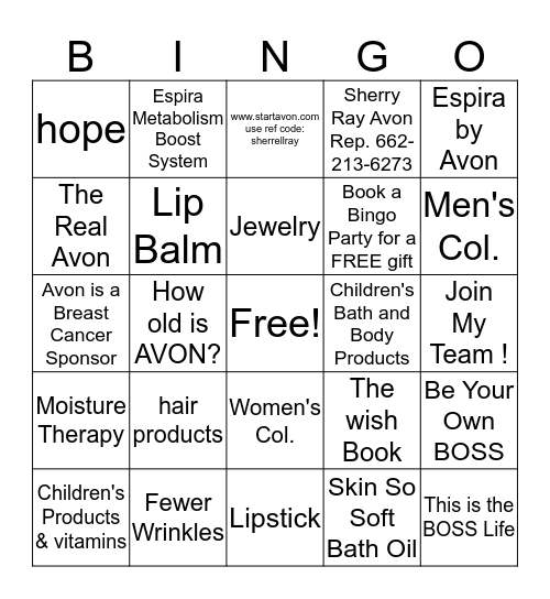 AVON by Sherry Bingo Card Bingo Card