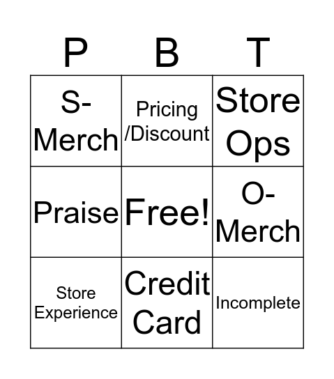 Categorization Bingo Card