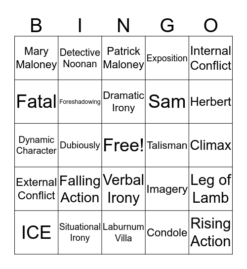 Monkey's Paw/Lamb to the Slaughter - Fall 2018 Bingo Card