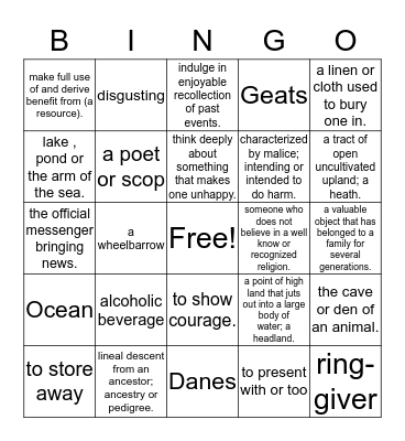 Beowulf Vocabulary Bingo Card