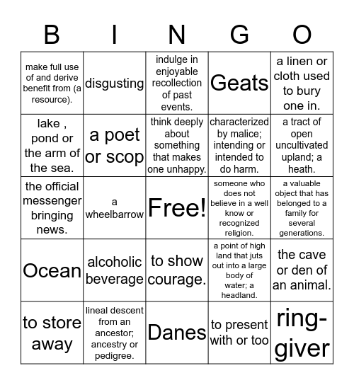 Beowulf Vocabulary Bingo Card