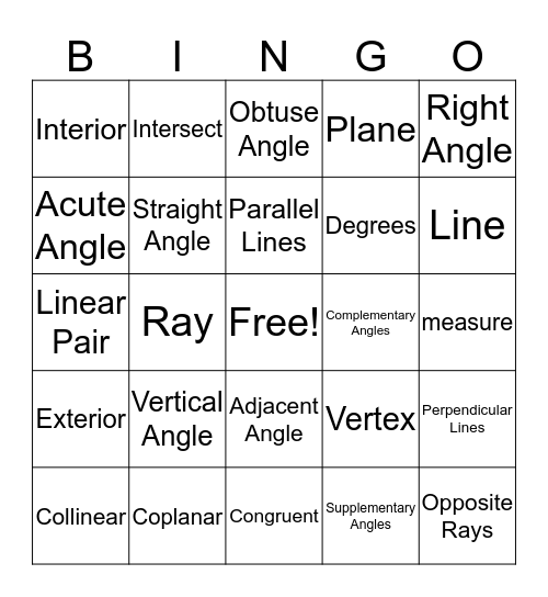 Angle Relationships Bingo Card