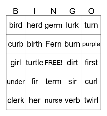 words with ur, er, ir Bingo Card