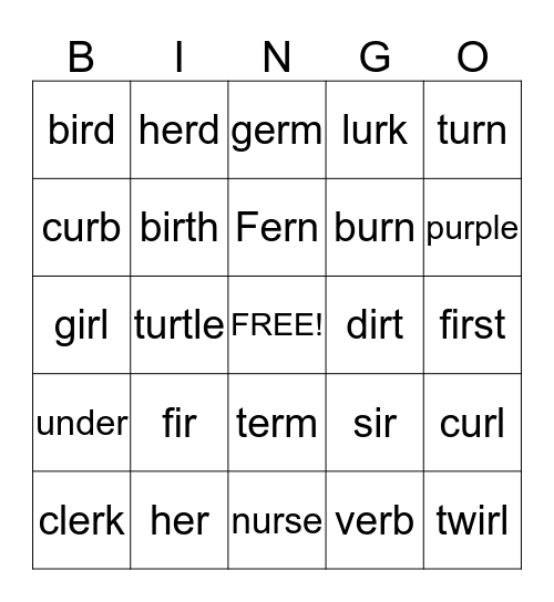 Words With Ur Er Ir Bingo Card