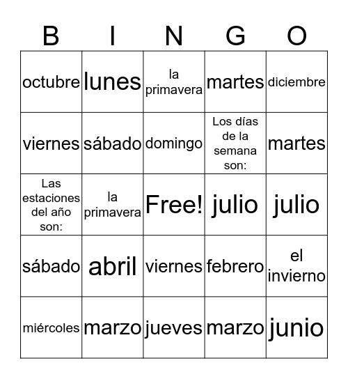 Meses Bingo Card