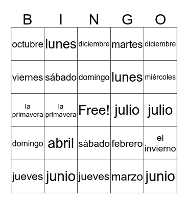 Meses Bingo Card
